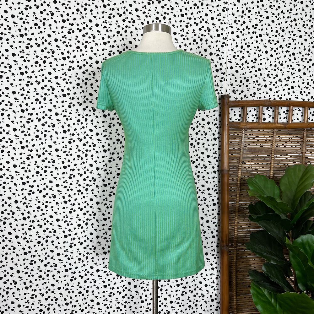 Vintage | 90s Possessed Blue Green Ribbed Striped Short Sleeve Mini Baby Dress S - Picture 5 of 7